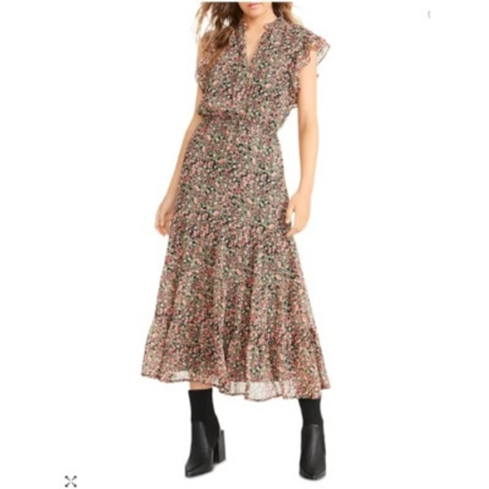 BB Dakota Steve Madden Floral Midi Dress Ruffle Sleeve Tiered Multi Color Large‎